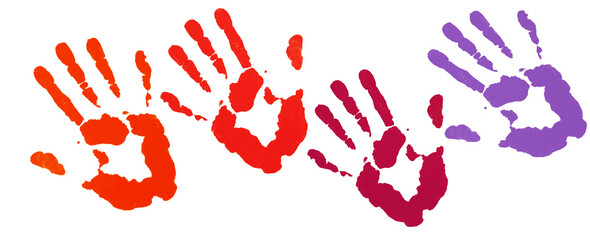 Bloody handprints on a white background. Symbol of a crime and its investigation. 