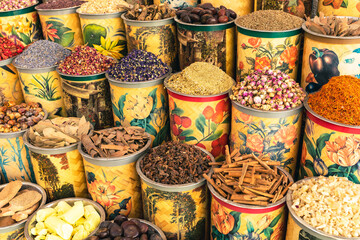 Dubai Spice Souk. Traditional bazaar in Dubai, United Arab Emirates (UAE) Selling a variety of fragrances and spices, herbs.