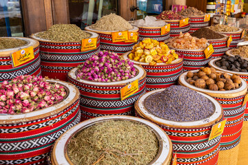 Dubai Spice Souk. Traditional bazaar in Dubai, United Arab Emirates (UAE) Selling a variety of fragrances and spices, herbs.