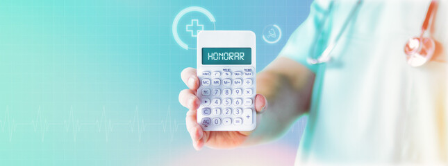 Honorar. Arzt zeigt Taschenrechner mit Text auf Display. Blauer Hintergrund mit Icons - obrazy, fototapety, plakaty