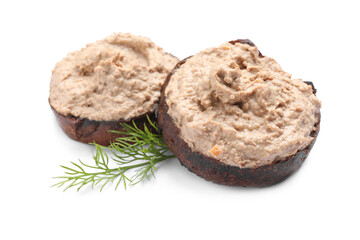 Slices of bread with delicious pate and dill on white background - obrazy, fototapety, plakaty