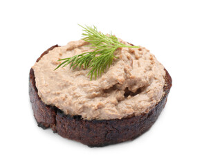 Slice of bread with delicious pate and dill isolated on white