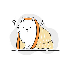 Cute spitz dog with towel for grooming salon icon. Line doodle style. Vector illustration