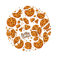 Bitten cookies with chocolate chips set. Broken sweets. Fresh pastries. Vector cartoon illustration. 