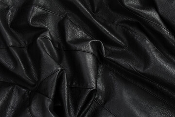 Black crumpled leather jacket. Textured background made of smooth leather fabric.