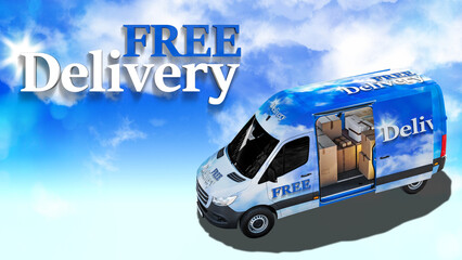 free home delivery of goods blue cargo van on the background of the sky with clouds