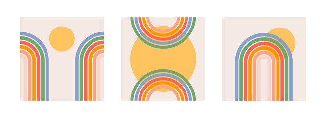 Trendy abstract set aesthetic backgrounds with sun and rainbow. Mid century wall decor  in style 60s, 70s. Retro vector design  for social media, blog post, template, interior design