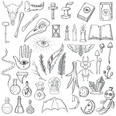 Obraz premium Set of occult illustrations. Isolated objects on white. Vector. Hand-drawn style.