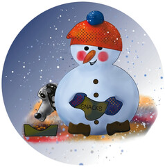 Snowman with hid friend dog in winter scenery