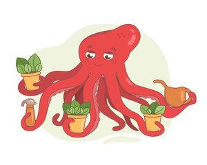 Fototapeta na wymiar The red octopus gardener holds pots of plants in his tentacles. Marine inhabitant in cartoon style. Garden supplies