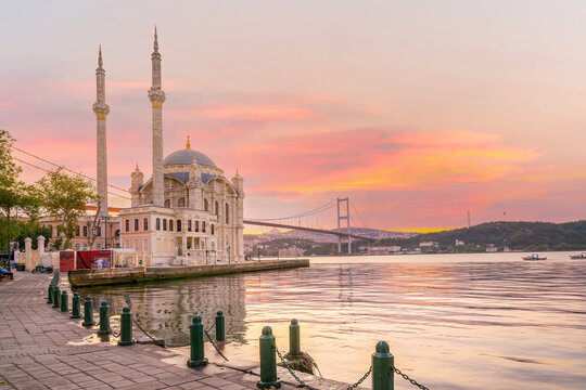 Ortakoy mosque on the shore of Bosphorus in Istanbul in Turkey