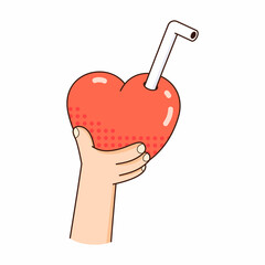 Hand holds red heart. Love cocktail with straw. Heart shape. Valentines day vector Illustration - 485979364