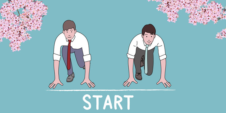 Businessmen who become new members of society at the starting line. START lettering, vector illustration, website, banner, header, poster, flyer, greeting card, ad, graphic, blue, pink