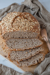 Fresh crispy homemade bread with whole grain flour