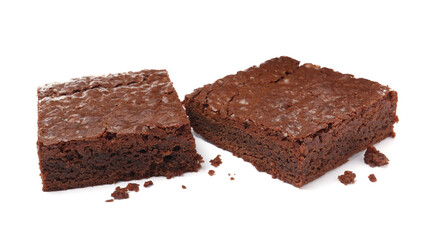 Fototapeta na wymiar Delicious chocolate brownies on white background. Tasty dessert