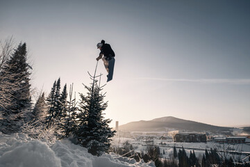 Snowboarder making high big air jump with grab in clear blue sunny sky during sunset above fir...