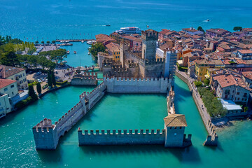 Top view, historic center of the Sirmione peninsula, lake garda. Aerial panorama of Sirmione. Lake...