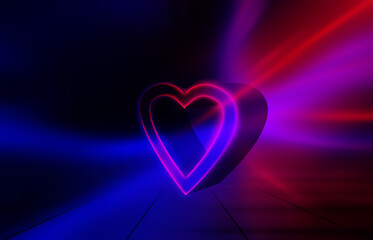 3d heart on a bright abstract background. Neon glow, laser show, sci-fi background. 3d illustration