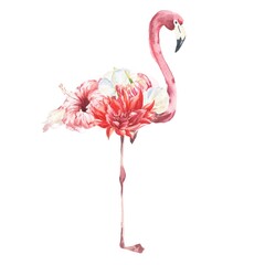 Pink flamingo with tropical flowers isolated on white background. Watercolour illustration.
