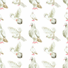 Watercolor seamless pattern with white doves. Great for print, web, textile design, scrapbooking, gift items.