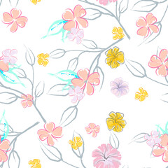 Pink Flowers Blooming Pattern. Pastel Watercolor.