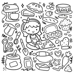 Set of Kawaii Baking Equipment Doodles Vector Clip Art