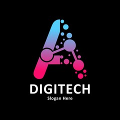 Abstract Letter a with molecule element and dots connection vector design logo. Suitable for biotechnology molecule atom DNA chip symbol, Medicine, science, technology, laboratory, electronics