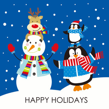 christmas card with snowman, reindeer and penguin