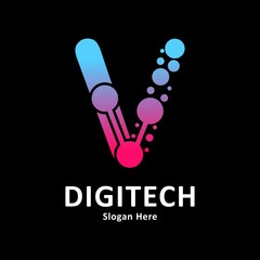 Abstract Letter v with molecule element and dots connection vector design logo. Suitable for biotechnology molecule atom DNA chip symbol, Medicine, science, technology, laboratory, electronics