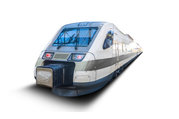 High speed passenger commuter train isolated on white background.