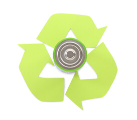 Used battery and recycling symbol on white background, top view