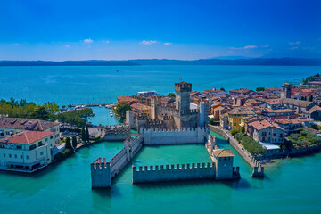 Fototapeta na wymiar Rocca Scaligera Castle in Sirmione Lake Garda Italy. Aerial view.