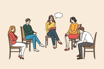Diverse people at counseling session with female psychotherapist in office. Men and women at group psychological meeting with counselor or psychologist. Flat vector illustration. 