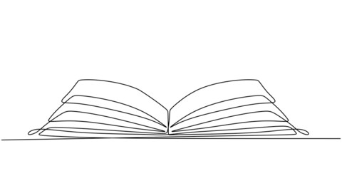 Continuous one line drawing open book with flying pages isolated on white background minimalism style. Educational concept. Vector illustration of back to school theme