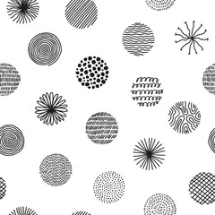 Hand drawn circles with doodle texture. Modern abstract seamless pattern with black organic round shapes with lines, circles, drops. Vector illustration on white background.