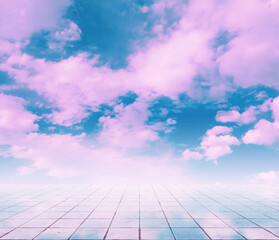 pink clouds, blue sky, gray floor.