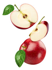 Flying red apple isolated on white background. Taste apple with leaf. Full depth of field with clipping path