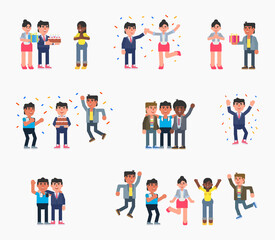 Fototapeta na wymiar Group of people celebrate success or birthday. Office workers celebrate birthday or other event. Modern vector illustration