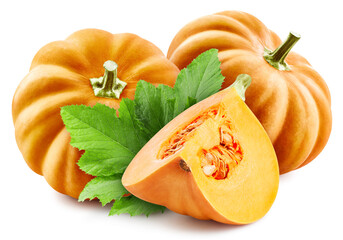 Ripe pumpkin with leaves. Organic pumpkin isolated on white background. Taste pumpkin with leaf. With clipping path