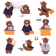 Bear Staff or Office Employee in Tie and Suit Speaking by Phone and Executing Task Vector Set