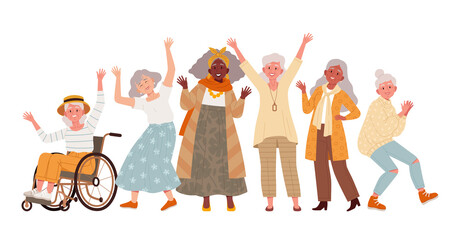 Set of cheerful old ladies standing or sitting in a wheelchair with their arms raised or dancing. Multicultural group of cute grandmothers posing. Elderly and disabled people activity concept