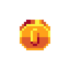 Obraz premium Golden coin. Sticker design. Pixel art icon. Feng shui element. China gold money. 8-bit sprite. Isolated vector illustration.