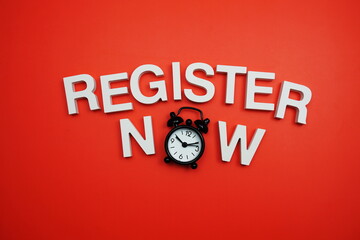 Register Now alphabet letters on red background