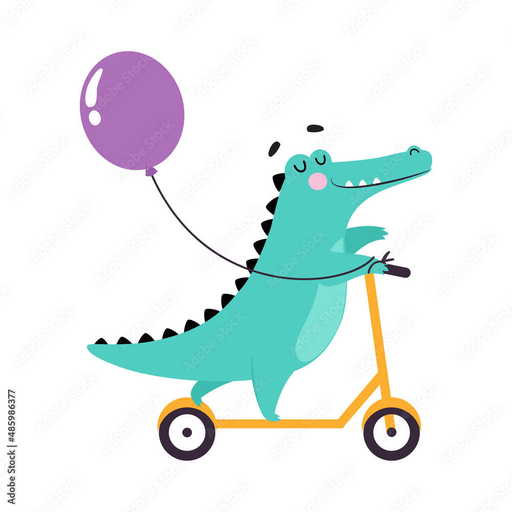 Sticker Cute Crocodile Character with Balloon Riding Kick Scooter Vector Illustration