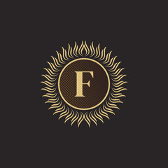 Naklejka premium Emblem Letter F Gold Monogram Design. Luxury Volumetric Logo Template. 3D Line Ornament for Business Sign, Badge, Crest, Label, Boutique Brand, Hotel, Restaurant, Heraldic. Vector Illustration