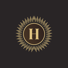 Fototapeta premium Emblem Letter H Gold Monogram Design. Luxury Volumetric Logo Template. 3D Line Ornament for Business Sign, Badge, Crest, Label, Boutique Brand, Hotel, Restaurant, Heraldic. Vector Illustration