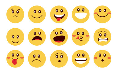 Emoji cute characters vector set design. Emoticon flat emoji faces in kawaii eyes with happy, smiling and blushing faces reaction for yellow emoticons collection. Vector illustration.
