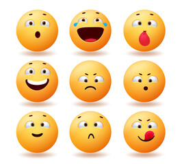 Emoji characters vector set design. Emojis emoticon in funny, cute and sad faces isolated in white background for yellow character collection. Vector illustration.

