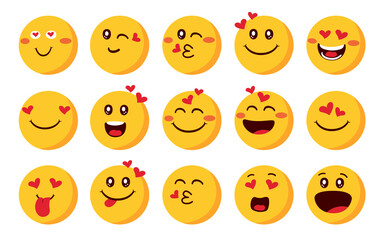 Emoji love characters vector set. Emojis emoticon with inlove and blushing in side view happy face reaction for valentine emoticons collection design. Vector illustration.
