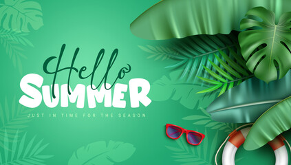 Summer nature vector background design. Hello summer text in green space with leaves decoration and plants silhouette pattern for tropical season greeting messages. Vector illustration.  © Zeinous